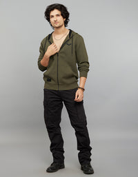 Military Green Zipper Front Full Sleeves Hoodie