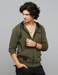 Military Green Zipper Front Full Sleeves Hoodie