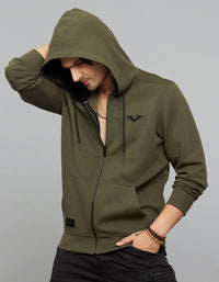 Military Green Zipper Front Full Sleeves Hoodie