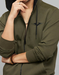 Military Green Zipper Front Full Sleeves Hoodie