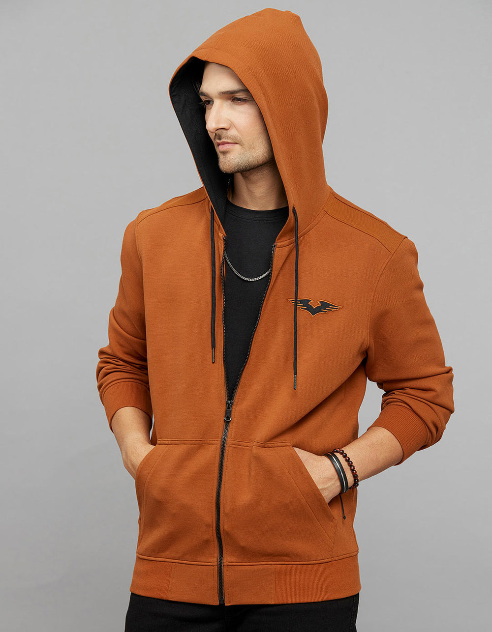 Rust Zipper Front Full Sleeves Hoodie