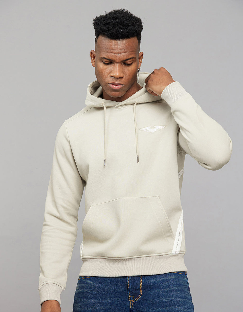 Beige Full Sleeves Hoodie With Front Kangaroo Pockets