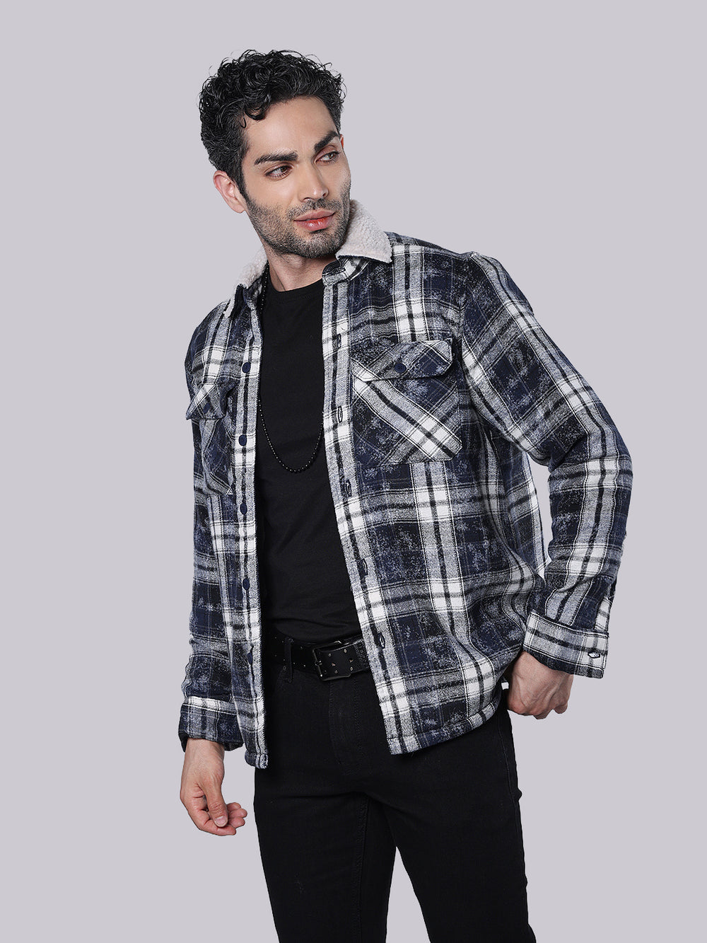 Navy Full Sleeve Sherpa Jacket