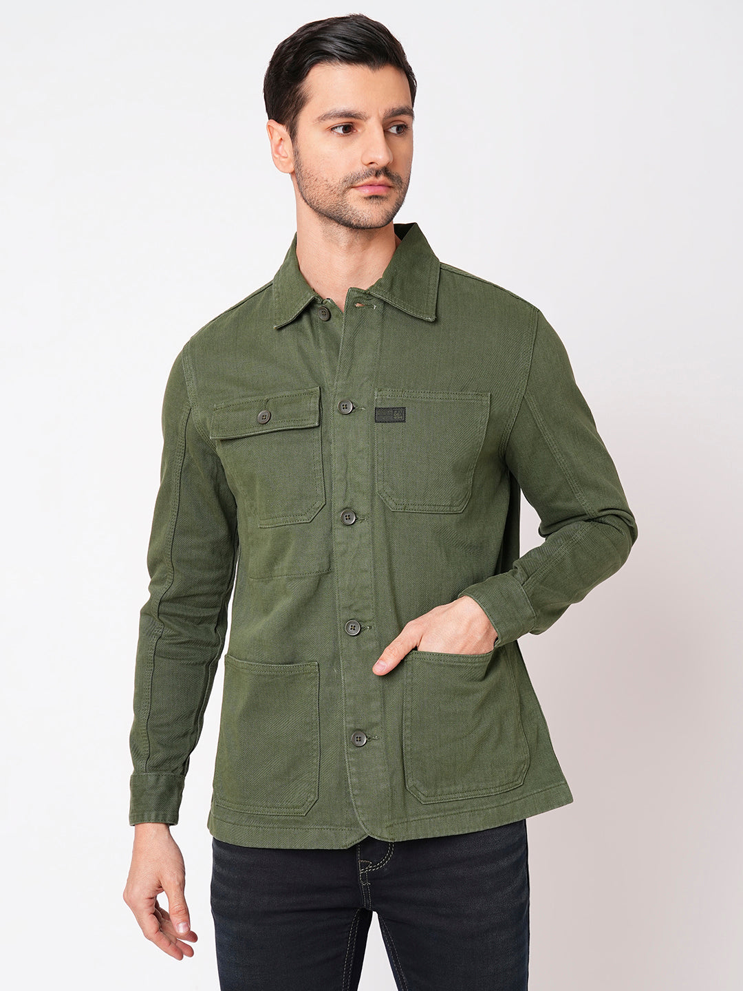 Military Green Full Sleeve Cotton Jacket (Cotton Regular)