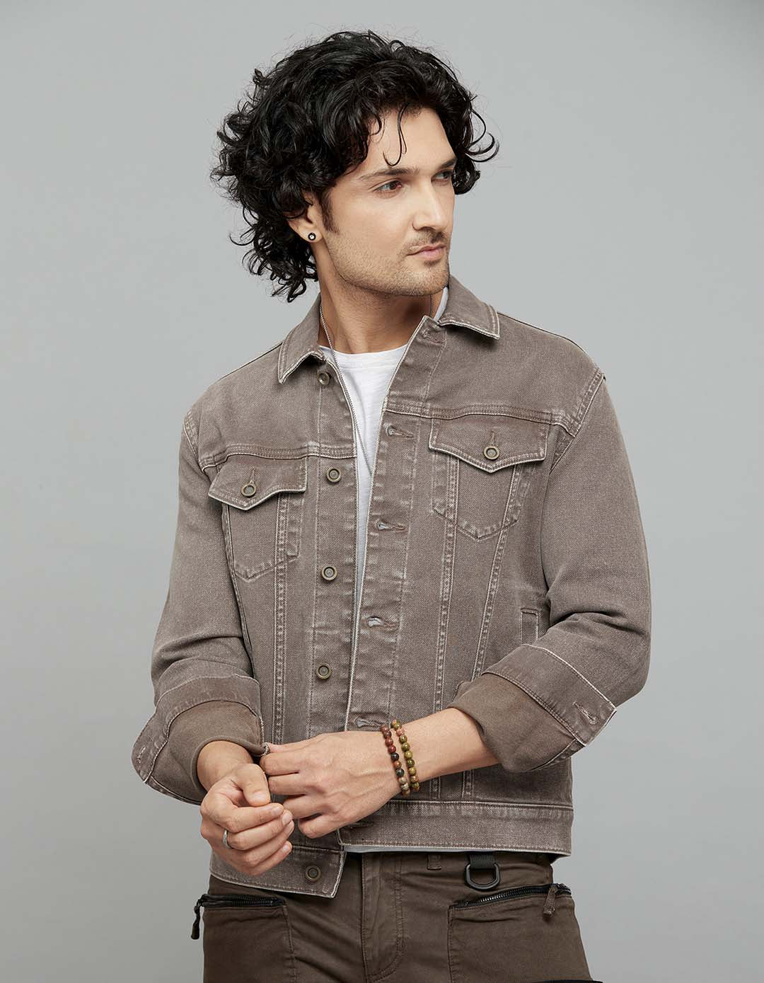 Khaki Button Front Closure Classic Flap Pocket Denim Jacket