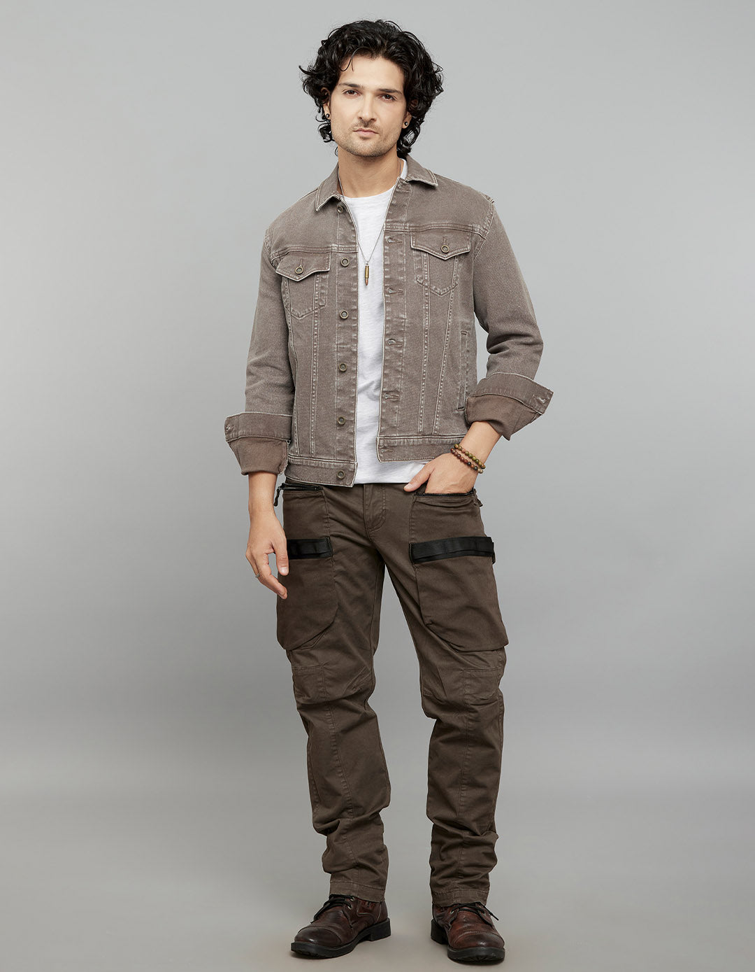 Khaki Button Front Closure Classic Flap Pocket Denim Jacket