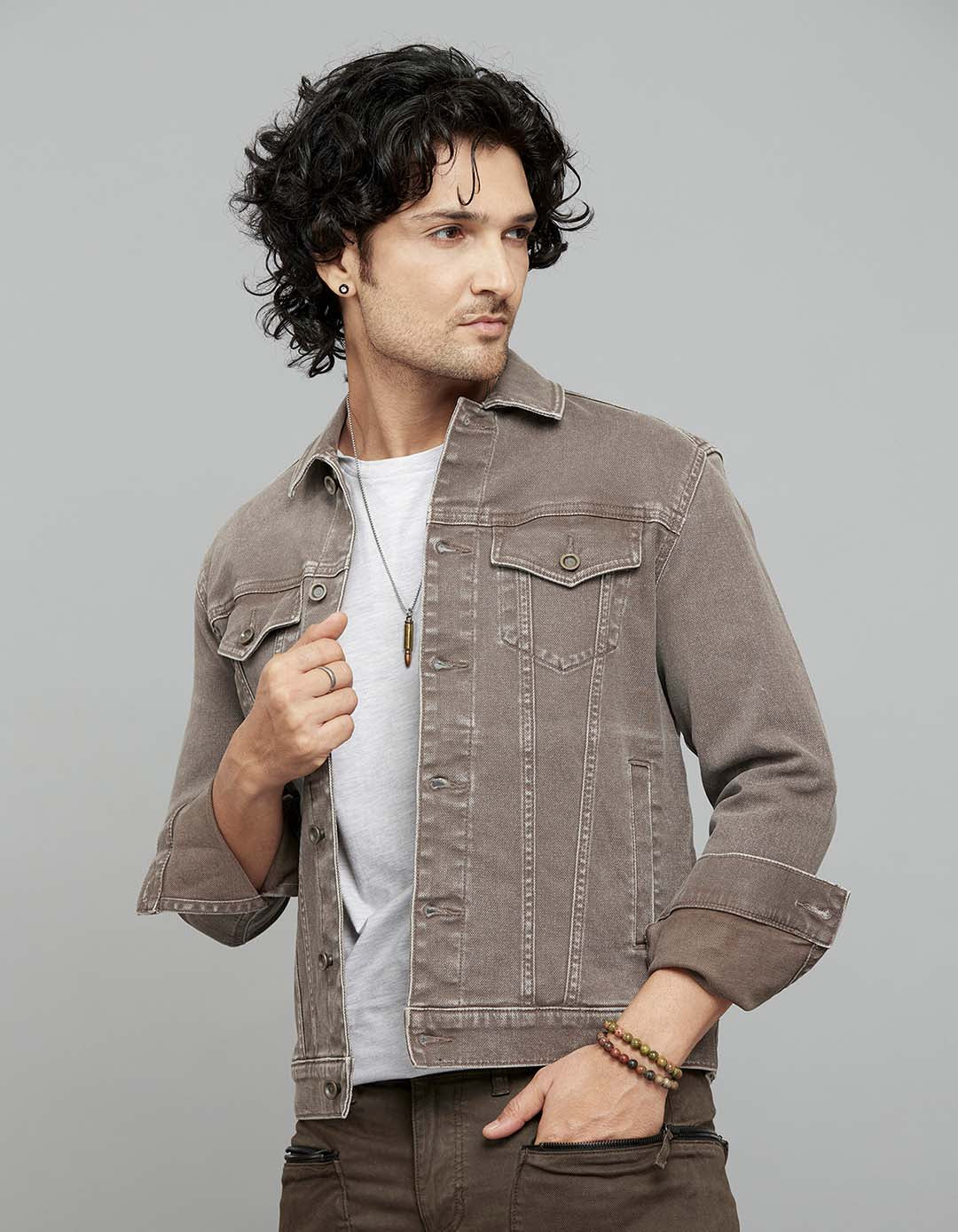 Khaki Button Front Closure Classic Flap Pocket Denim Jacket
