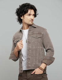 Khaki Button Front Closure Classic Flap Pocket Denim Jacket