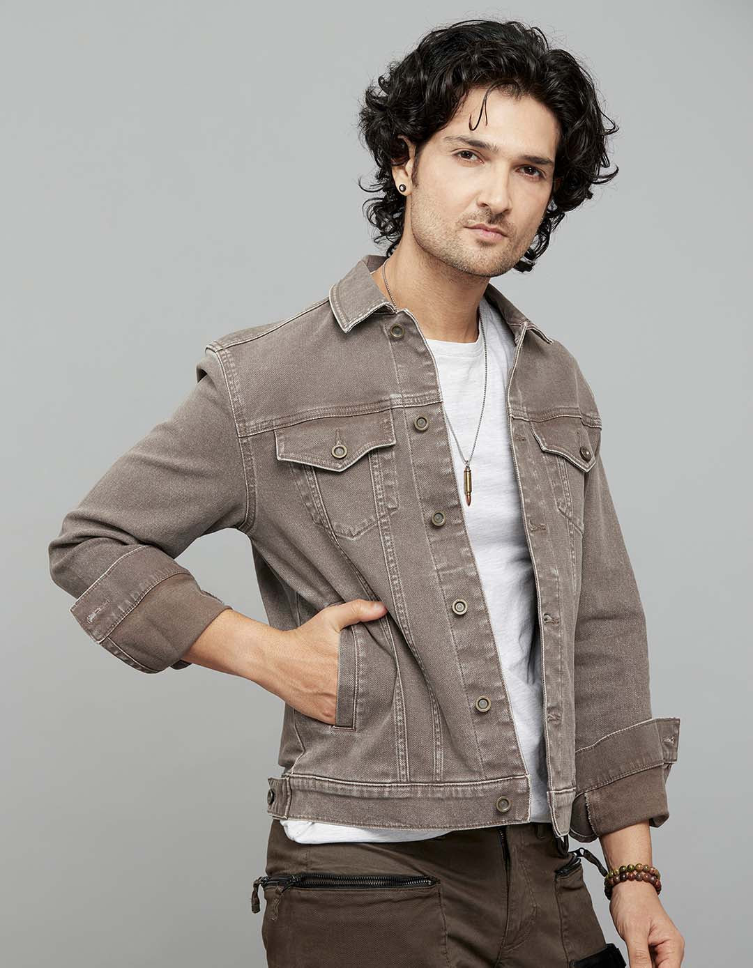 Khaki Button Front Closure Classic Flap Pocket Denim Jacket