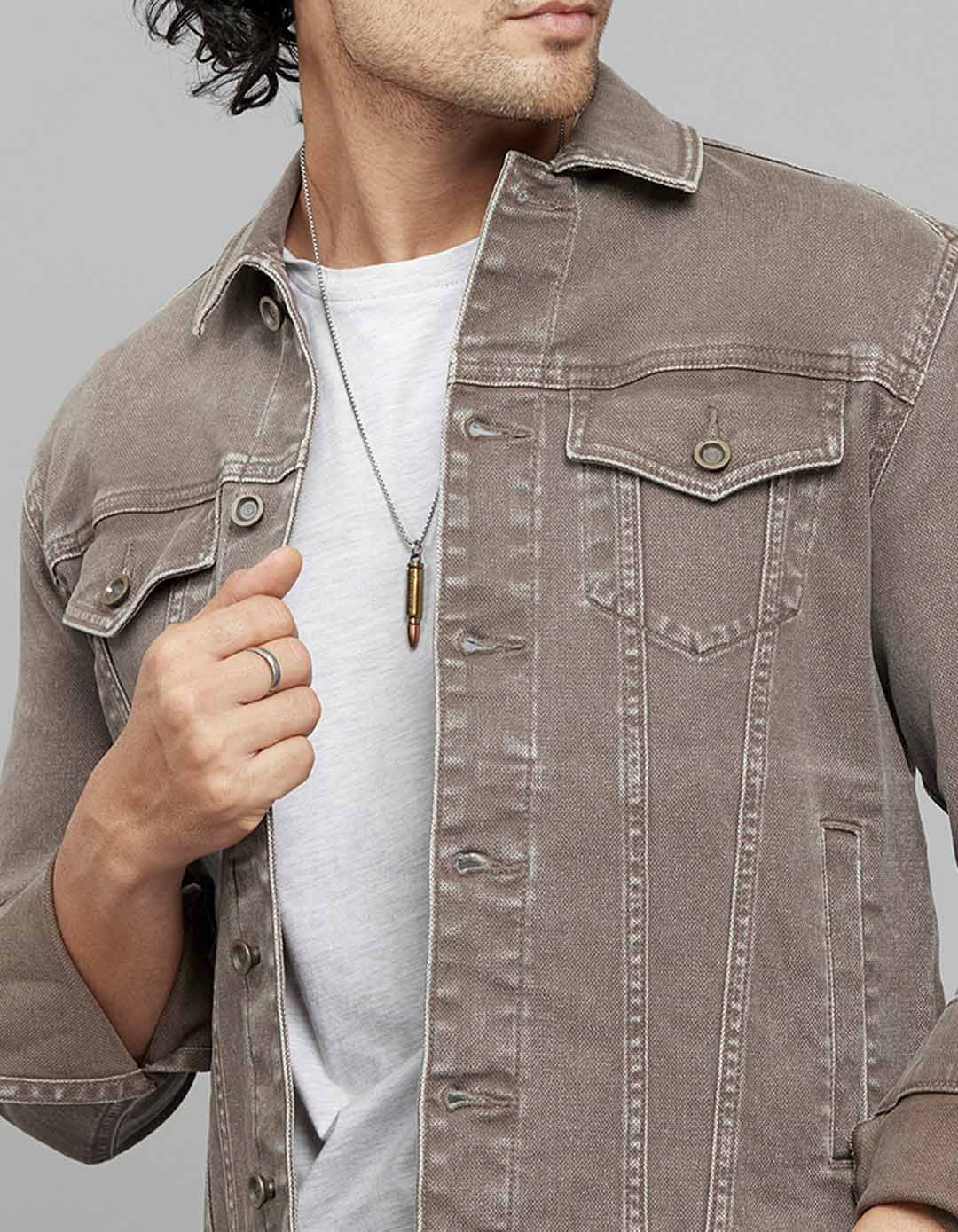 Khaki Button Front Closure Classic Flap Pocket Denim Jacket