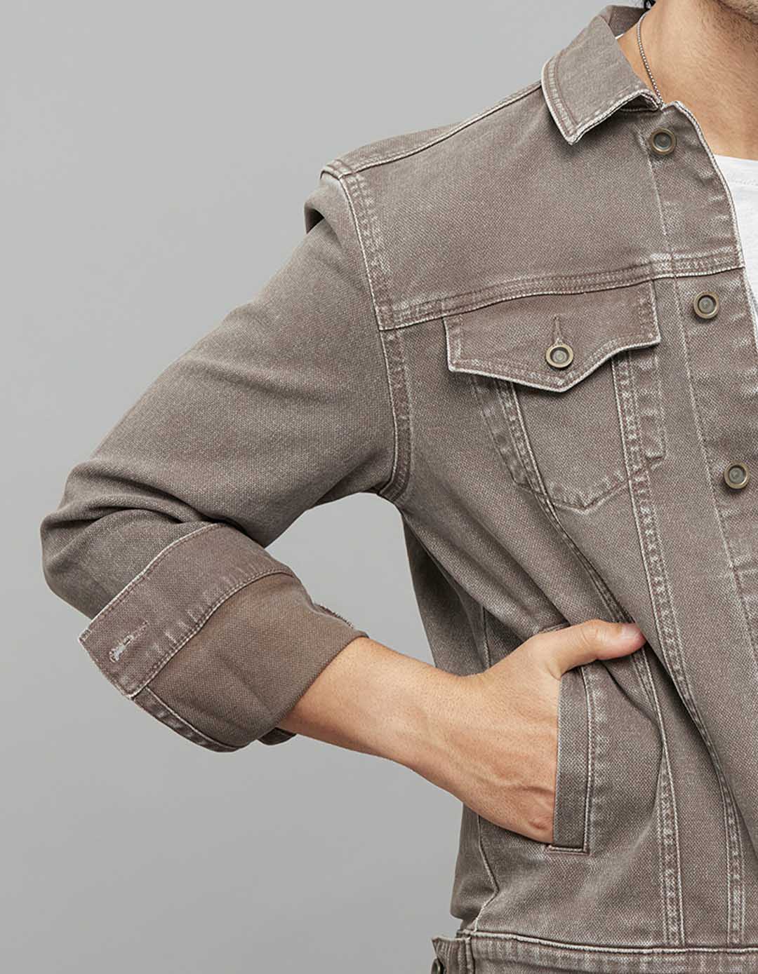 Khaki Button Front Closure Classic Flap Pocket Denim Jacket