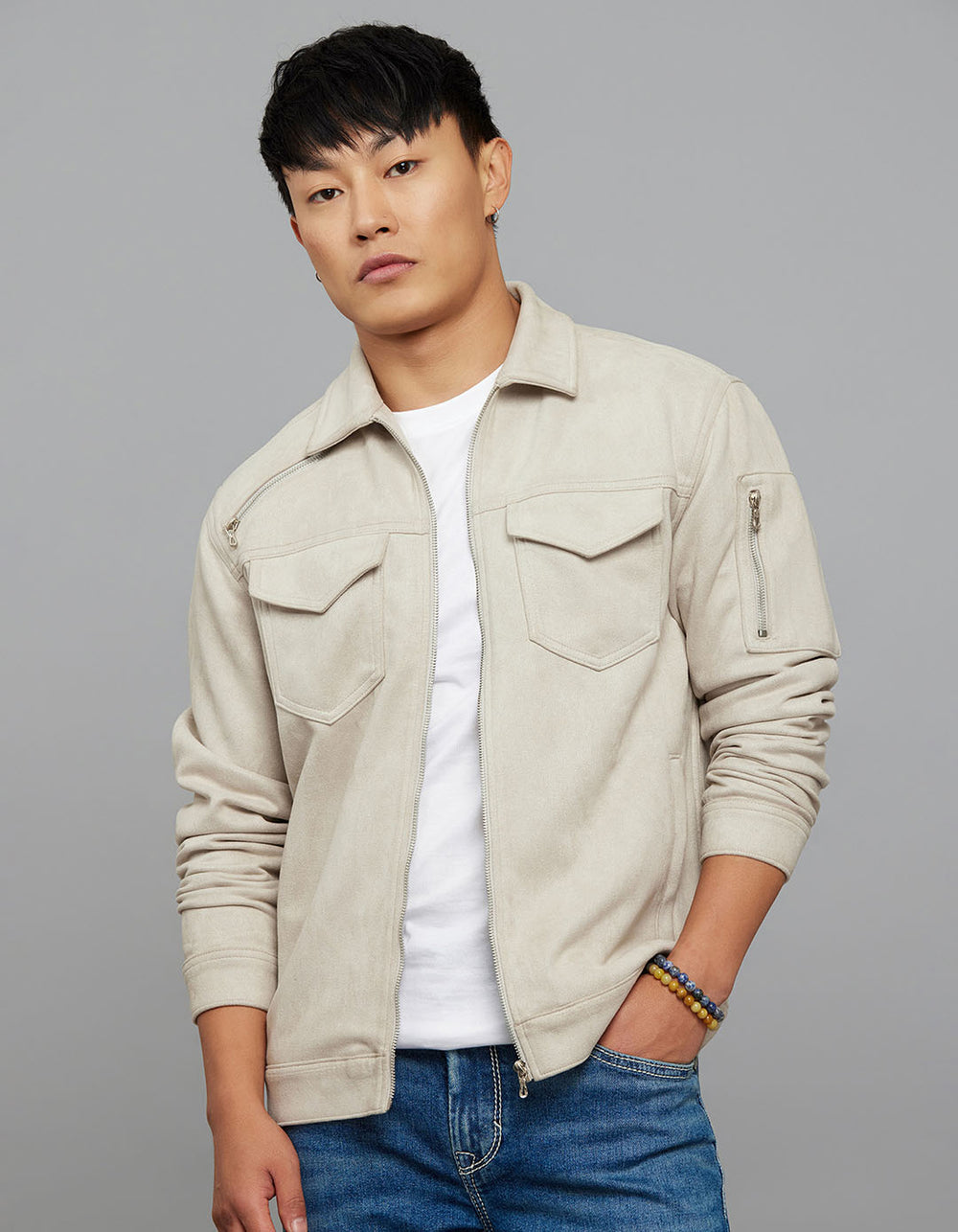 Stone Zipper Front Closure Long Sleeves Suede Jacket