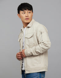 Stone Zipper Front Closure Long Sleeves Suede Jacket