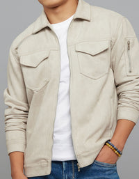 Stone Zipper Front Closure Long Sleeves Suede Jacket
