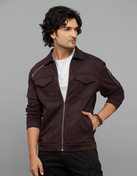 Burgundy Zipper Front Closure Long Sleeves Suede Jacket