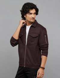 Burgundy Zipper Front Closure Long Sleeves Suede Jacket