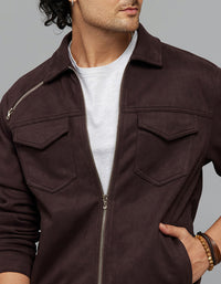 Burgundy Zipper Front Closure Long Sleeves Suede Jacket