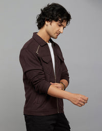Burgundy Zipper Front Closure Long Sleeves Suede Jacket