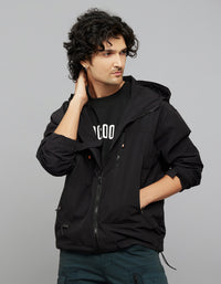 Black Zipper Front Closure Long Sleeves Utility Jacket