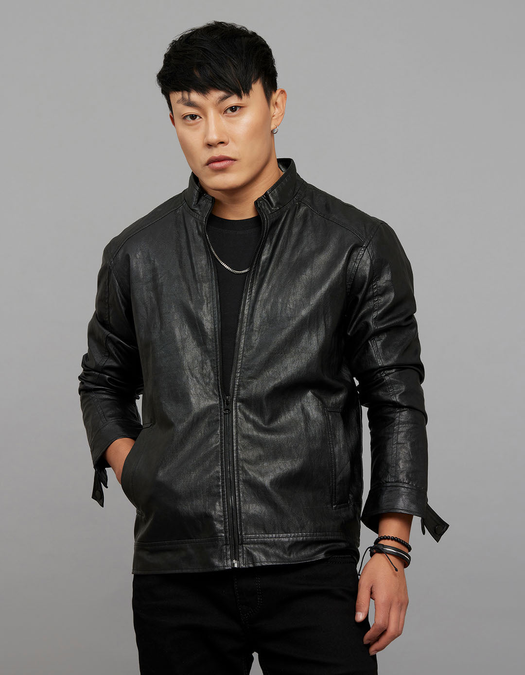 Black Zipper Front Closure Long Sleeves Leather Jacket