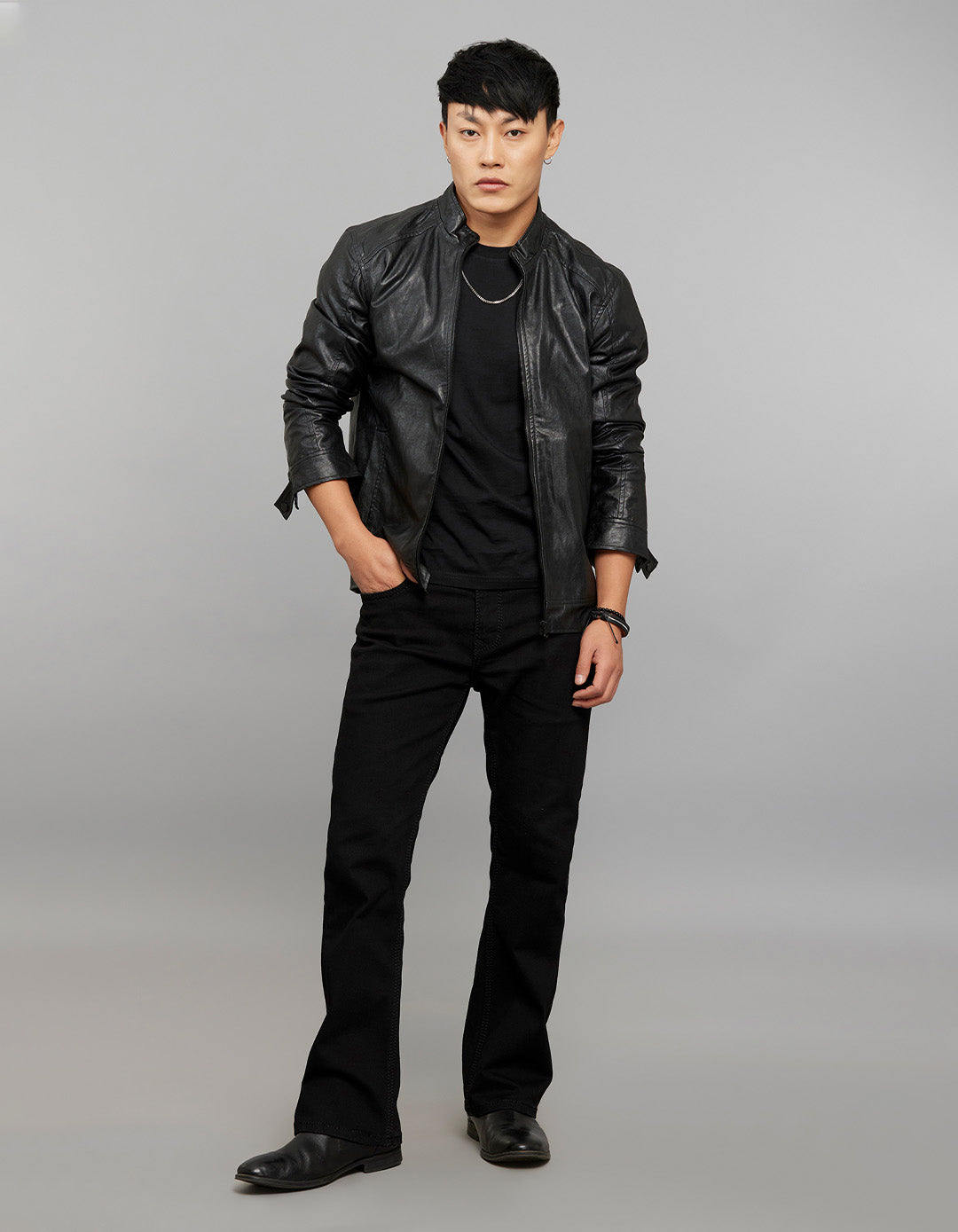 Black Zipper Front Closure Long Sleeves Leather Jacket