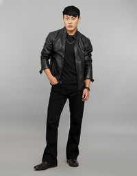 Black Zipper Front Closure Long Sleeves Leather Jacket
