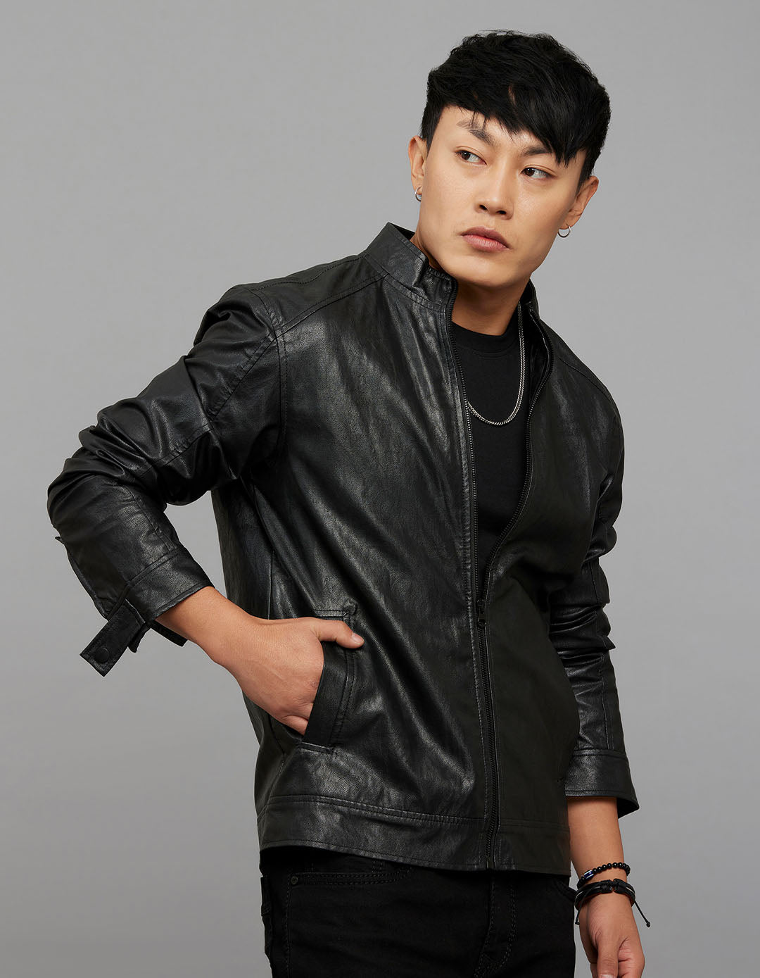 Black Zipper Front Closure Long Sleeves Leather Jacket