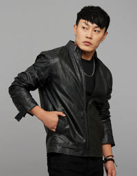 Black Zipper Front Closure Long Sleeves Leather Jacket