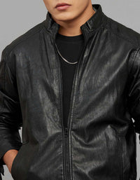 Black Zipper Front Closure Long Sleeves Leather Jacket