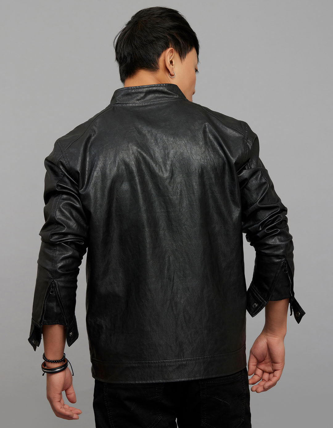 Black Zipper Front Closure Long Sleeves Leather Jacket