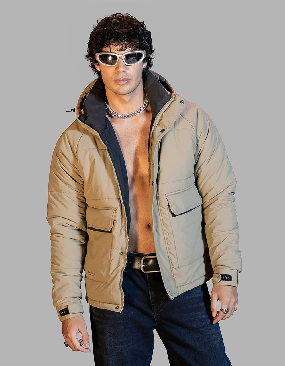 Khaki Full Sleeves Hoodie Puffer Jacket 
