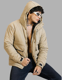 Khaki Full Sleeves Hoodie Puffer Jacket 