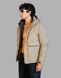 Khaki Full Sleeves Hoodie Puffer Jacket 