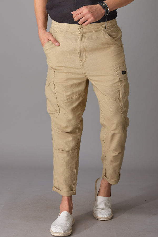 Khaki Linen Cargo Pant (Relaxed Tapered Fit)