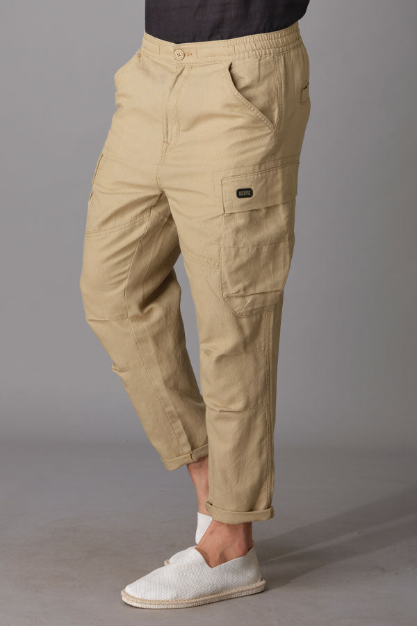 Khaki Linen Cargo Pant (Relaxed Tapered Fit)