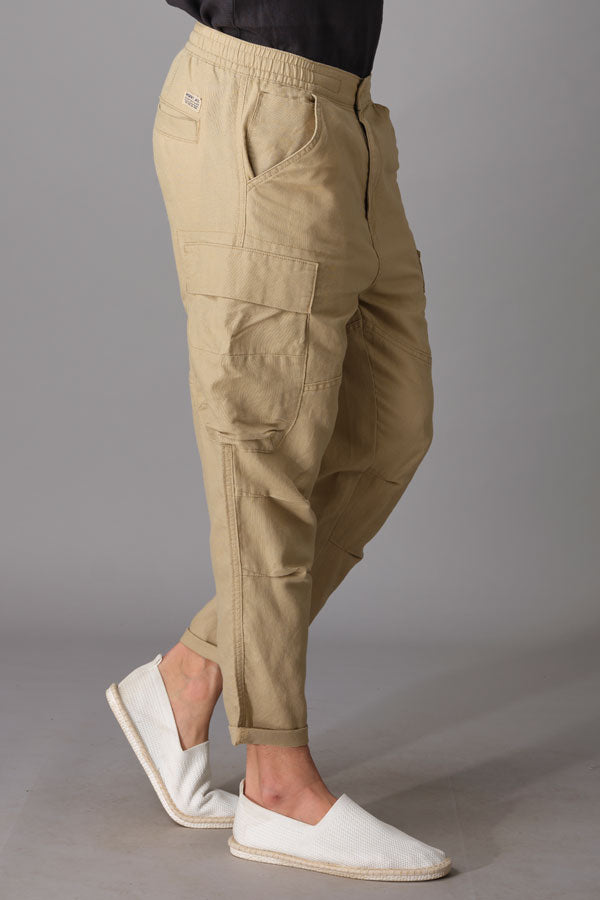 Khaki Linen Cargo Pant (Relaxed Tapered Fit)