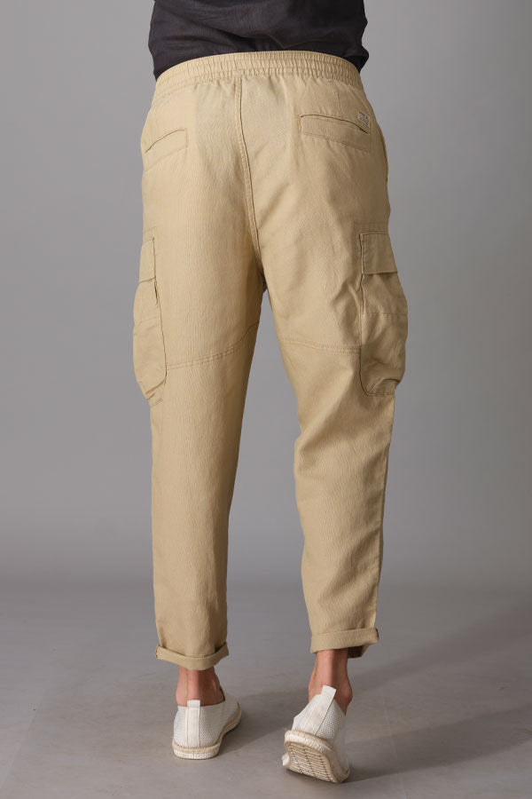 Khaki Linen Cargo Pant (Relaxed Tapered Fit)