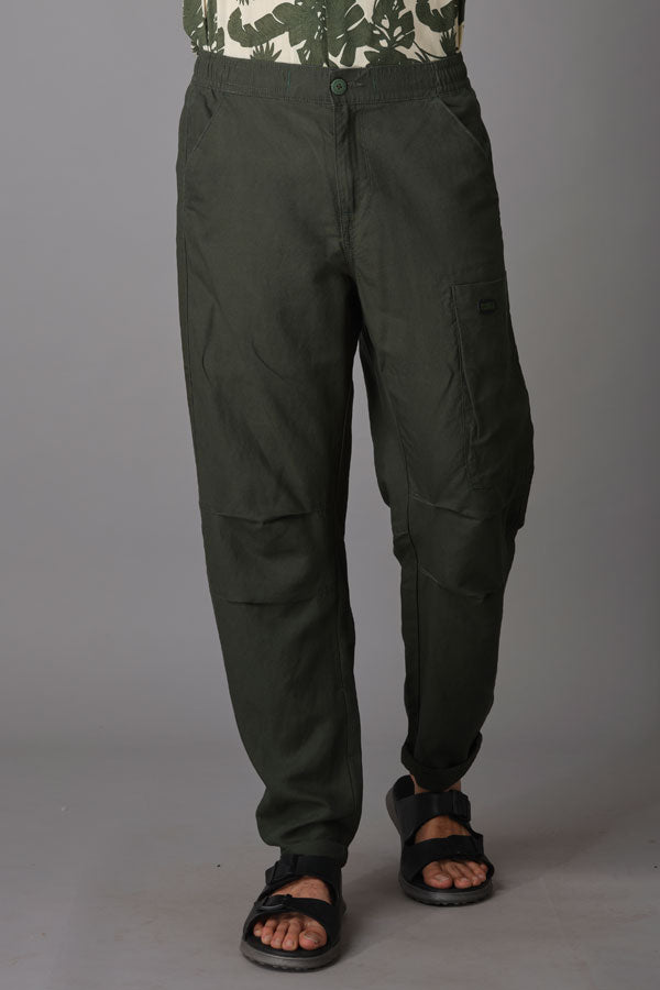 Bottle Green Linen Cargo Pant (Relaxed Fit)