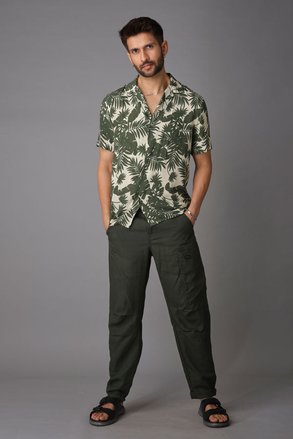 Bottle Green Linen Cargo Pant (Relaxed Fit)