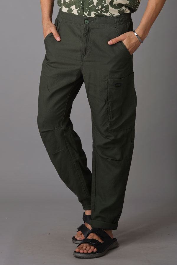 Bottle Green Linen Cargo Pant (Relaxed Fit)