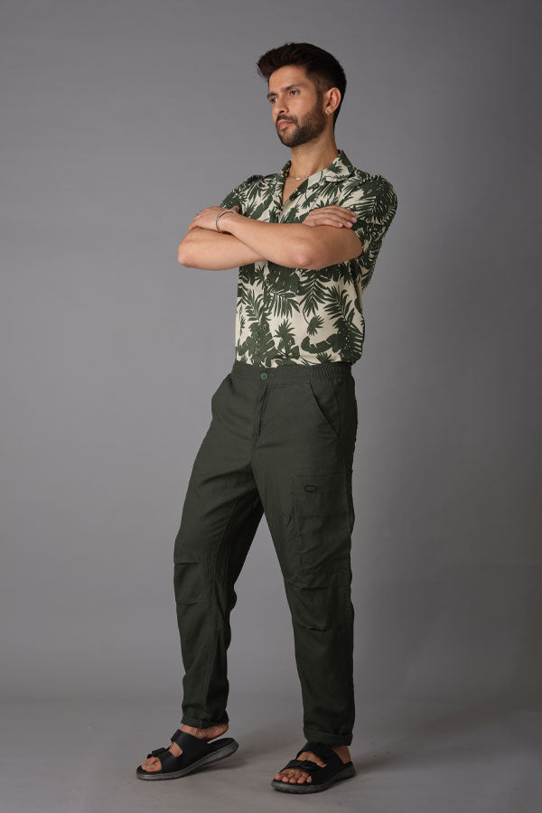 Bottle Green Linen Cargo Pant (Relaxed Fit)