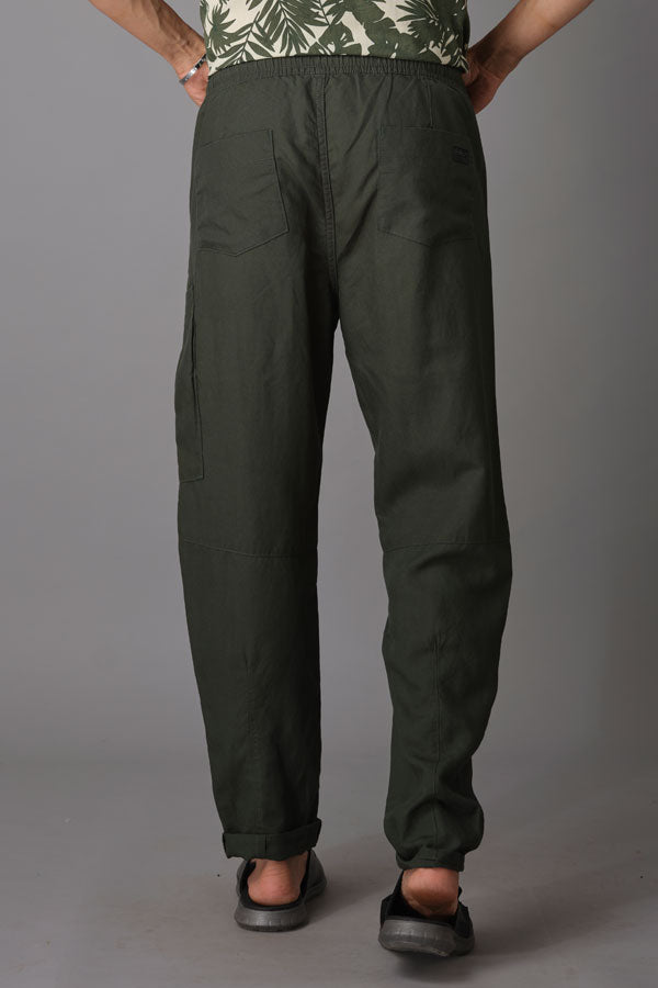 Bottle Green Linen Cargo Pant (Relaxed Fit)