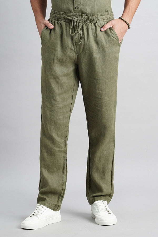 Olive Linen Pull On Pant (Relaxed Fit)