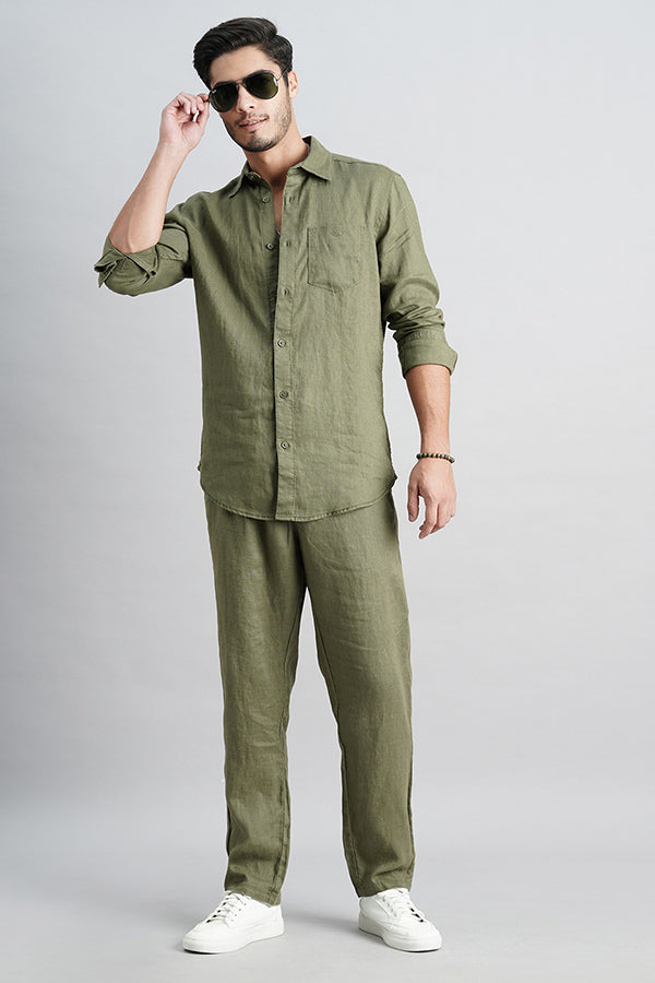 Olive Linen Pull On Pant (Relaxed Fit)