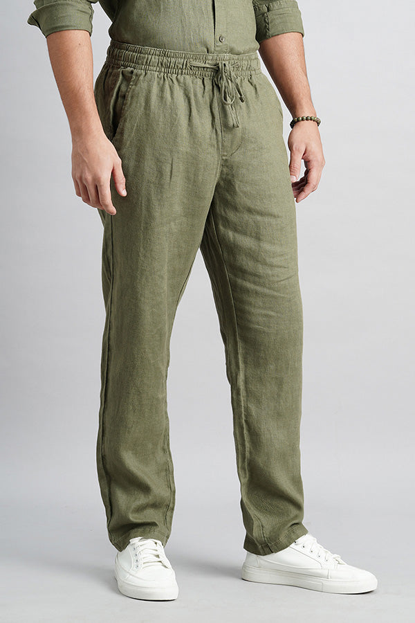 Olive Linen Pull On Pant (Relaxed Fit)