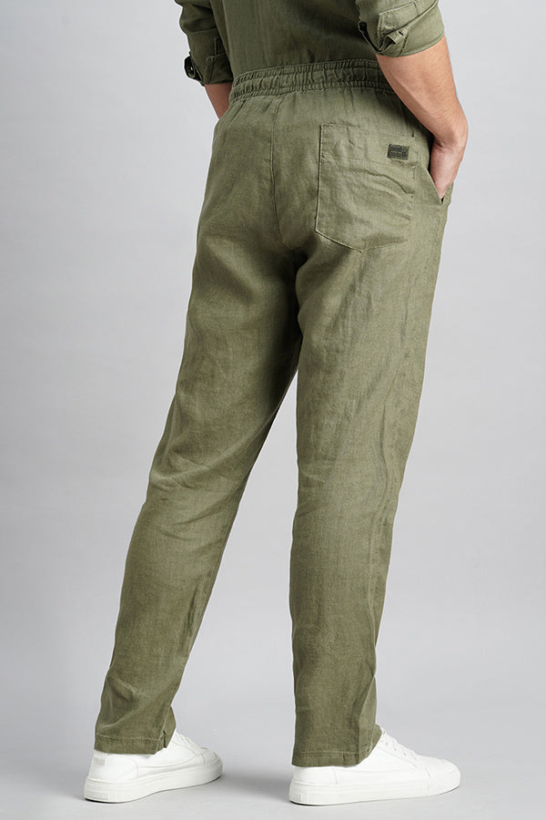 Olive Linen Pull On Pant (Relaxed Fit)