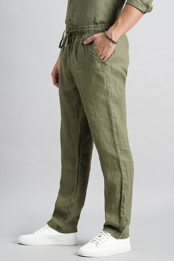 Olive Linen Pull On Pant (Relaxed Fit)