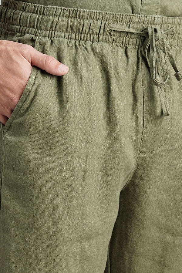 Olive Linen Pull On Pant (Relaxed Fit)