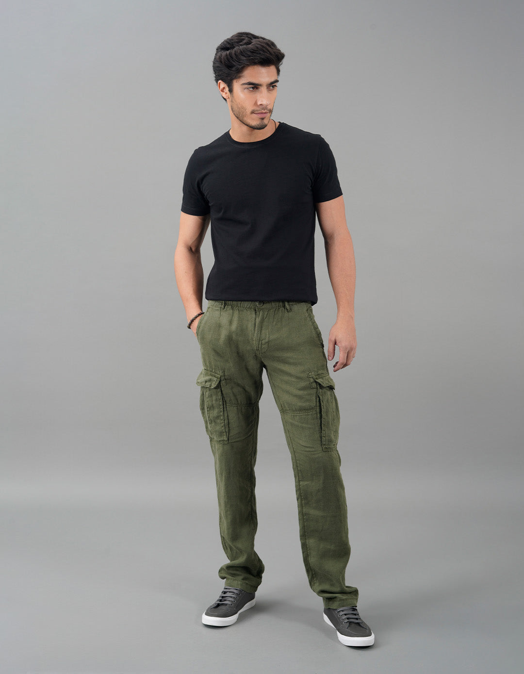 Military Green Linen Cargo Pant