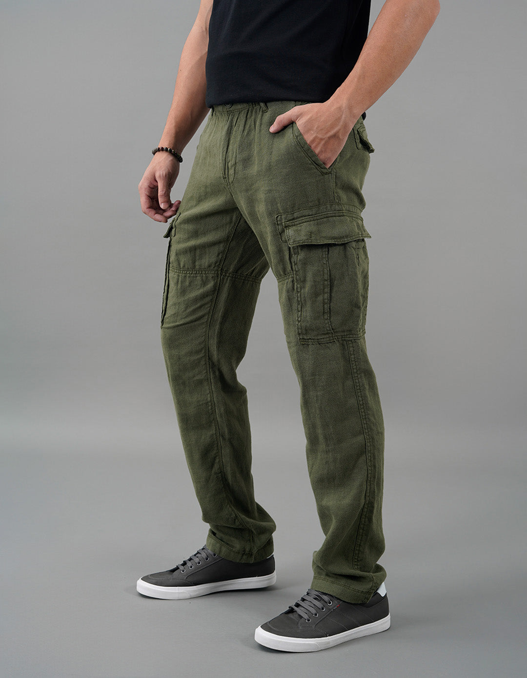 Military Green Linen Cargo Pant